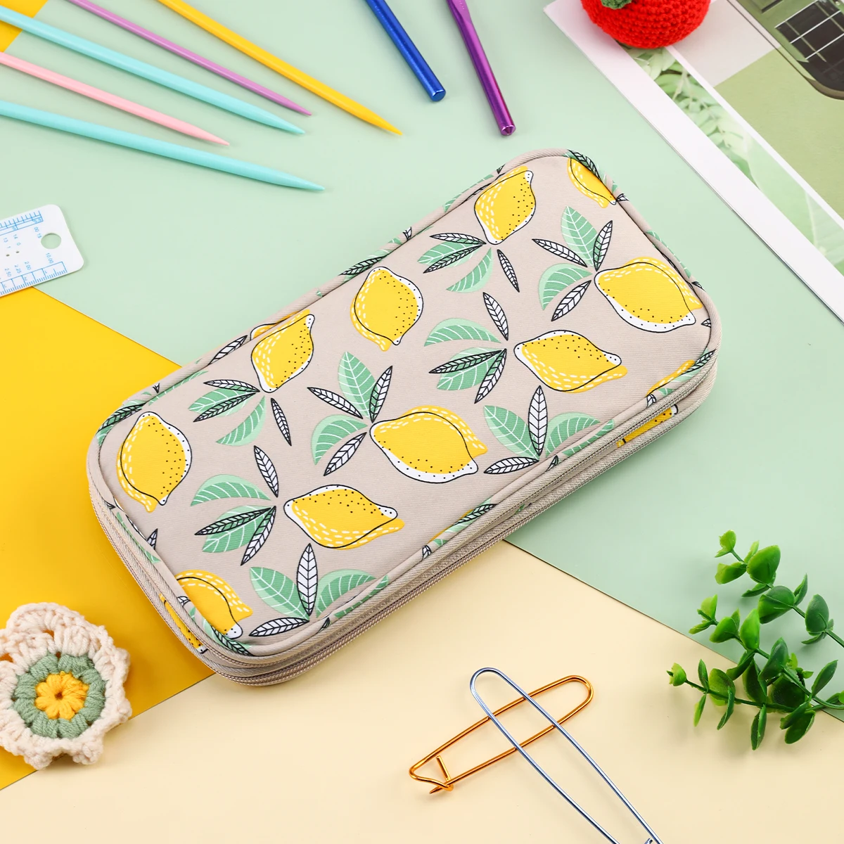 Empty knitting Needles Organizer Yellow Lemon Crochet Hooks Storage Bag Waterproof Rectangle Sewing Tools Accessories Bag knitting tool organizer yarn storage bag yarn storage organizer yarn holder