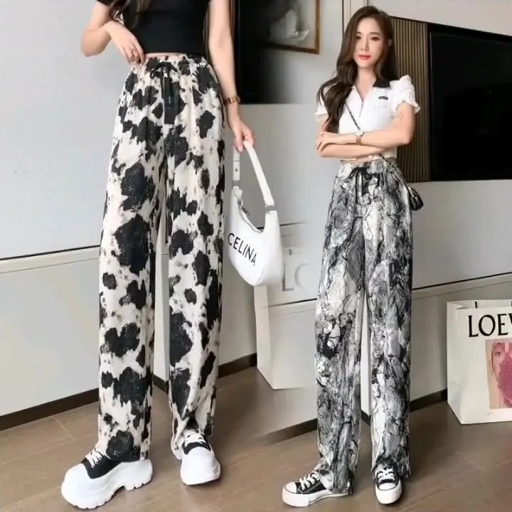 Summer Women Ink Tie Dye Baggy Wide Leg Ice Silk Pants 2023 Vintage Clothes Women\'s Casual Trousers Female Plus Size Pants