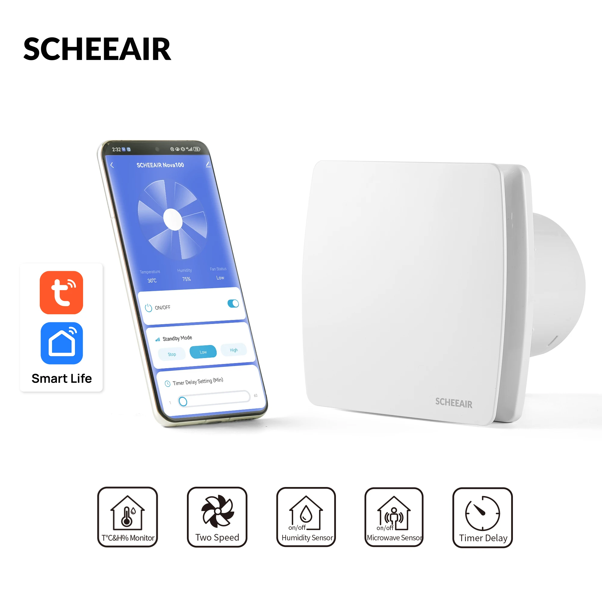 SCHEEAIR 100mm Smart Life WIFI Wentylator łazienkowy za $59.89 / ~215zł