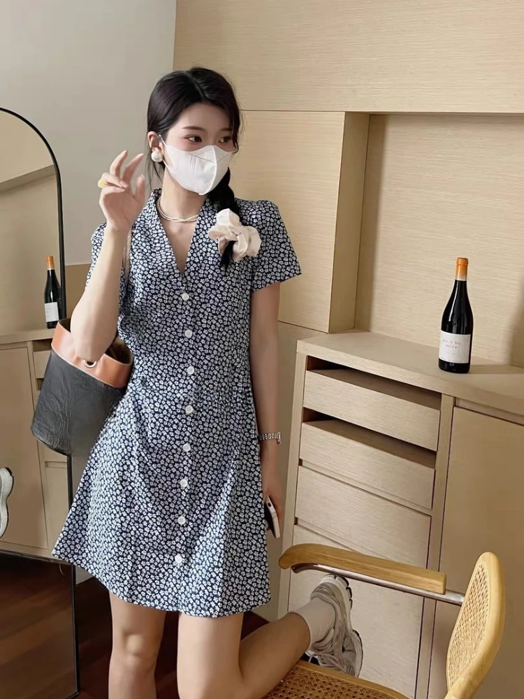Dresses for Women Button Elegant Trendy V-neck Floral Korean