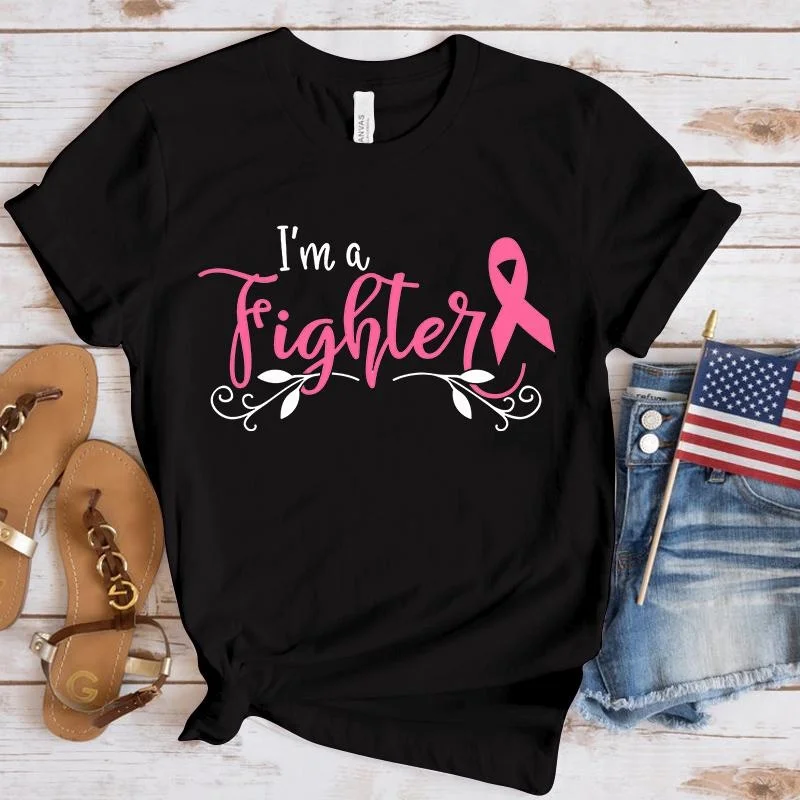 

New Breast Cancer Awareness I'M A Fighter Print T-Shirt Unisex Summer Casual O-Neck Lady Female Clothing Short Sleeve Tees