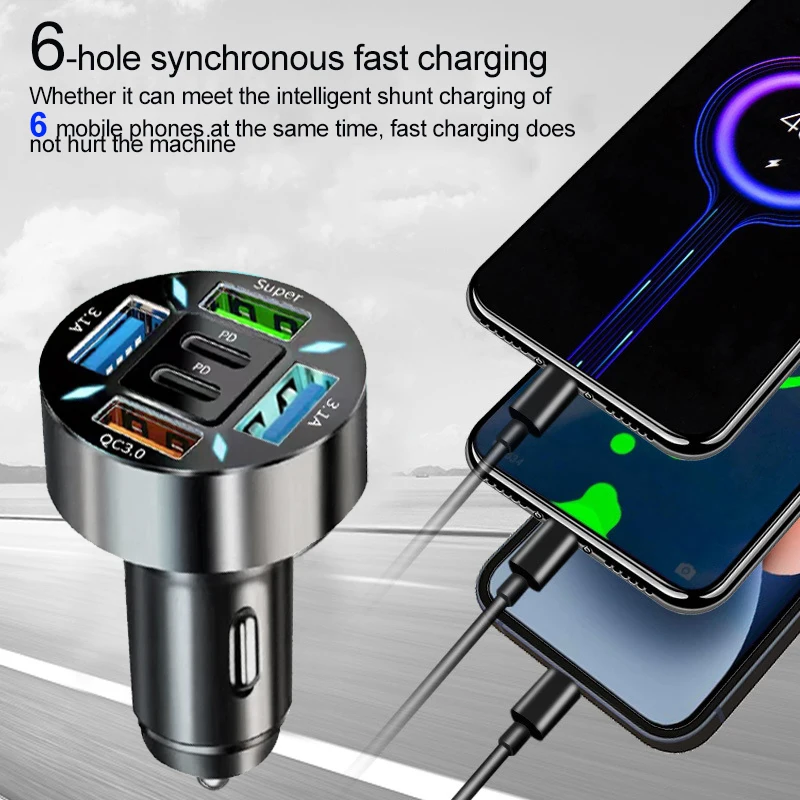 6 Ports Car Charger Fast Charging PD QC3.0 USB C Car Phone Charger Adapter With Voltage For iPhone Samsung Huawei Xiaomi