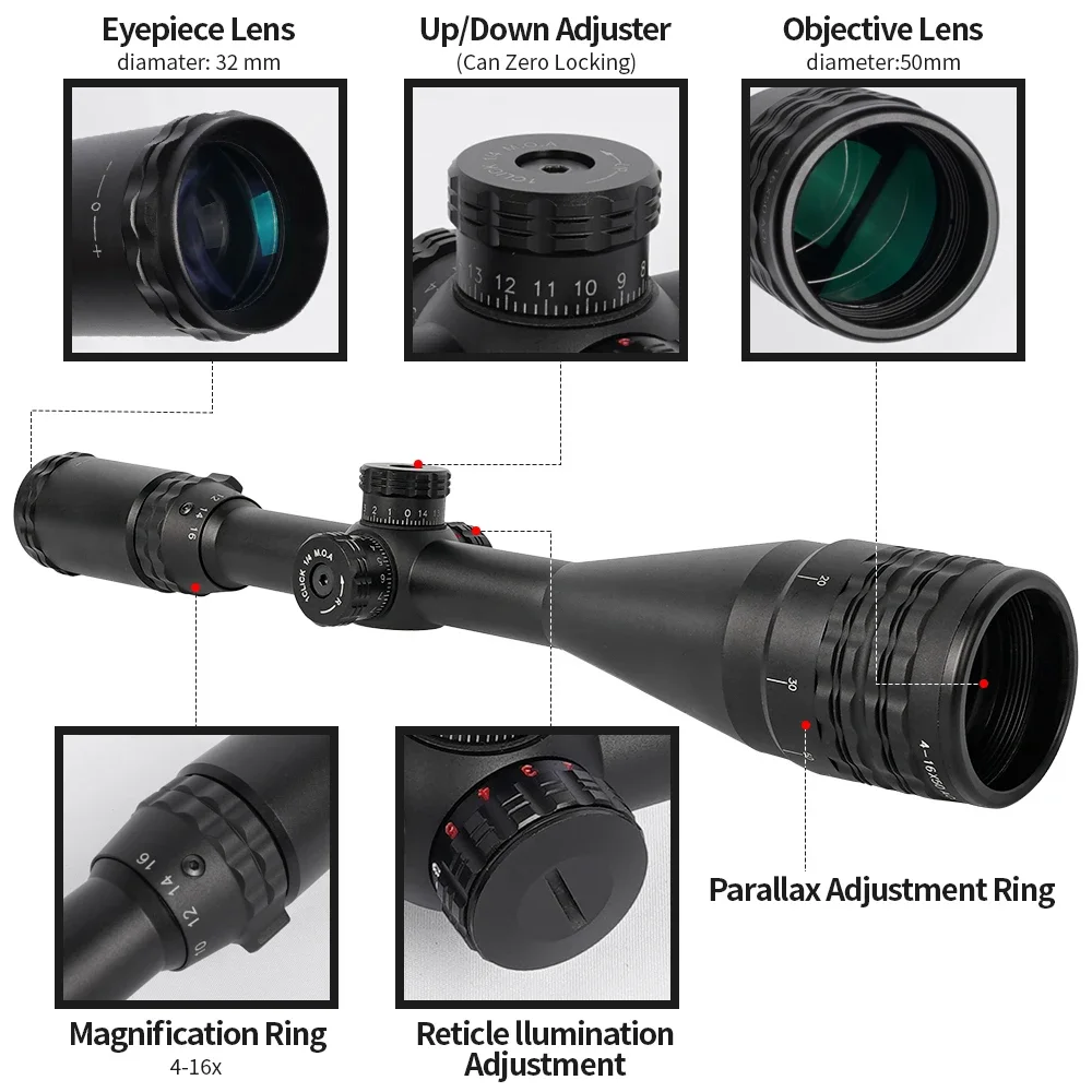 Tactical 4-16X50AOL Optical Sight Long-Range Red/Green Dot Laser Combination Adjustable Focal Length for Hunting