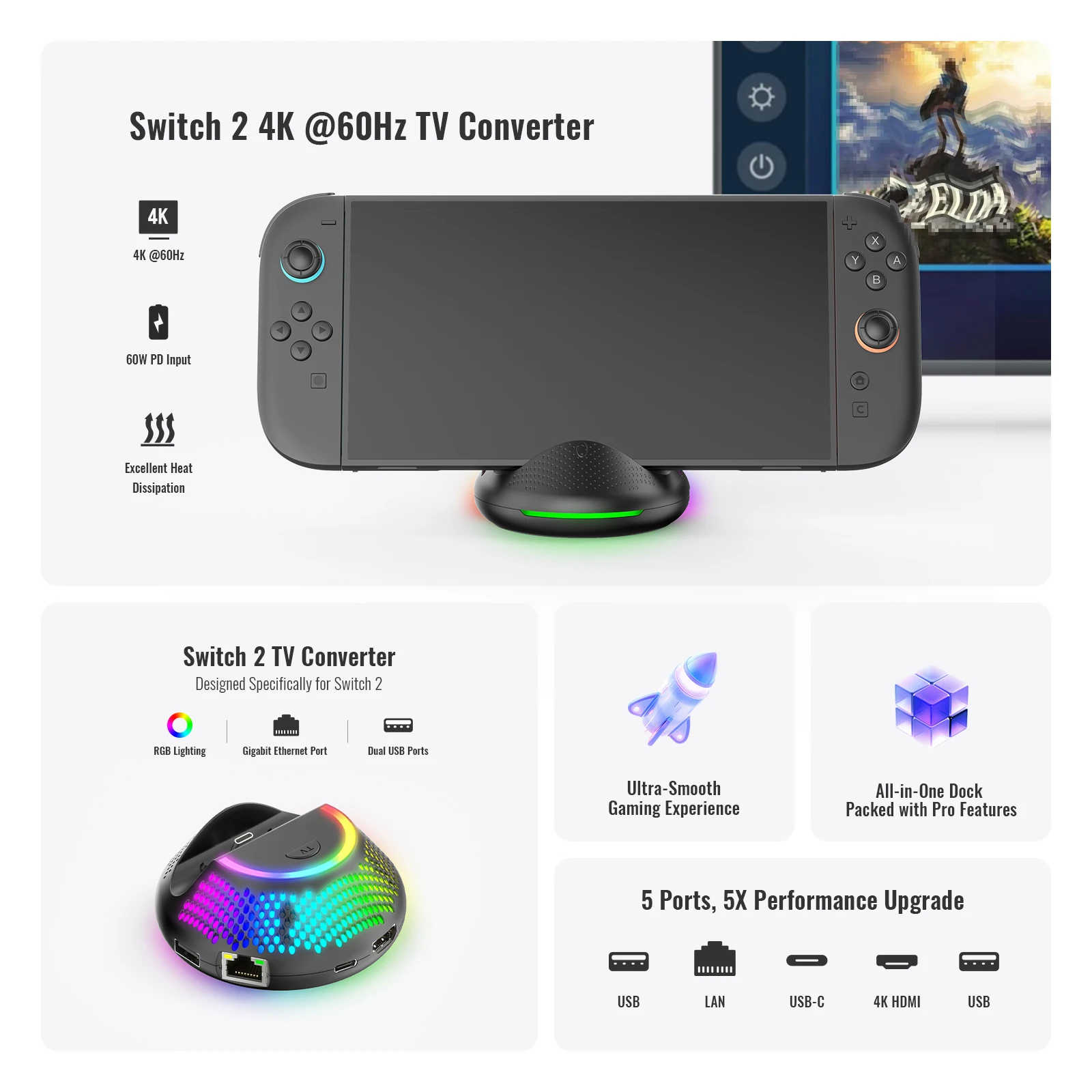 스위치 2용 5 in 1 TV 도킹 스테이션 NS2289, RGB 조명, 4K FHD/2 USB 포트/타입 C 포트, 원형 휴대용 TV 도킹 스테이션