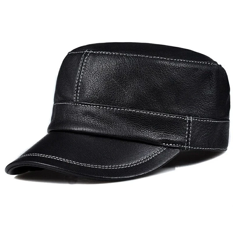 

Genuine Leather Flat Top Army Cap Men Korean Leisure Men High Quality Real Sheepskin Single Thin baseball cap Warm Adjustable
