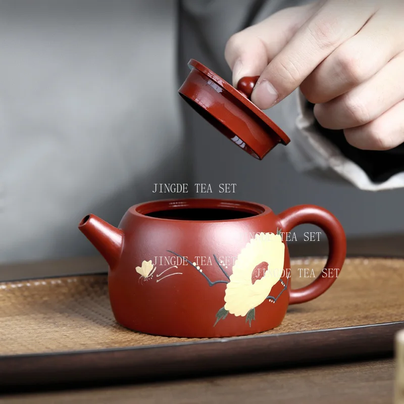 200cc Yixing Purple Clay Teapot Original Ore Red Mud Household Big Red Robe Butterfly Love Flower Kung Fu Tea Set