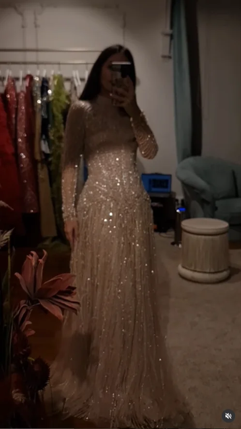 MisShow Customized Champagne Arabic Evening Gown Long Sleeve High Neck Dress with Beading & Glittering Sequins for Gala/Wedding, view 3