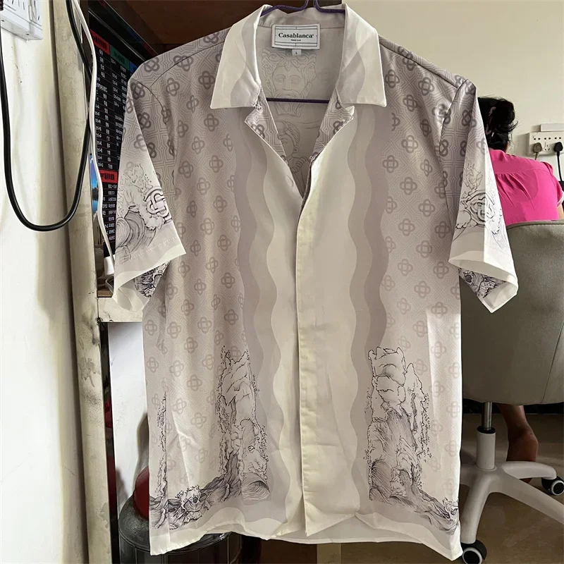 

CASABLANCA Silk Tie Dyed Short Sleeve Shirt Plaid Printed Casual 1:1 Oversized Beach Coast Shirt y2k