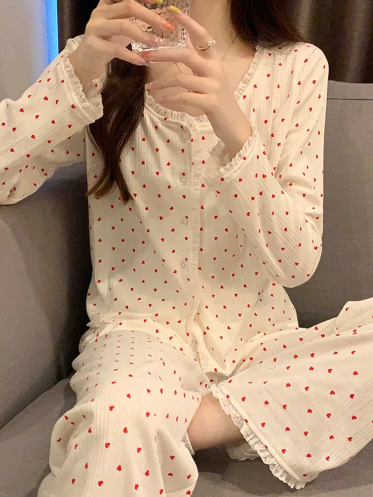 Женская пижама с длинным рукавом, простой кардиган с принтом Love, Повседневная Свободная Ночная рубашка в Корейском стиле, весна-осень