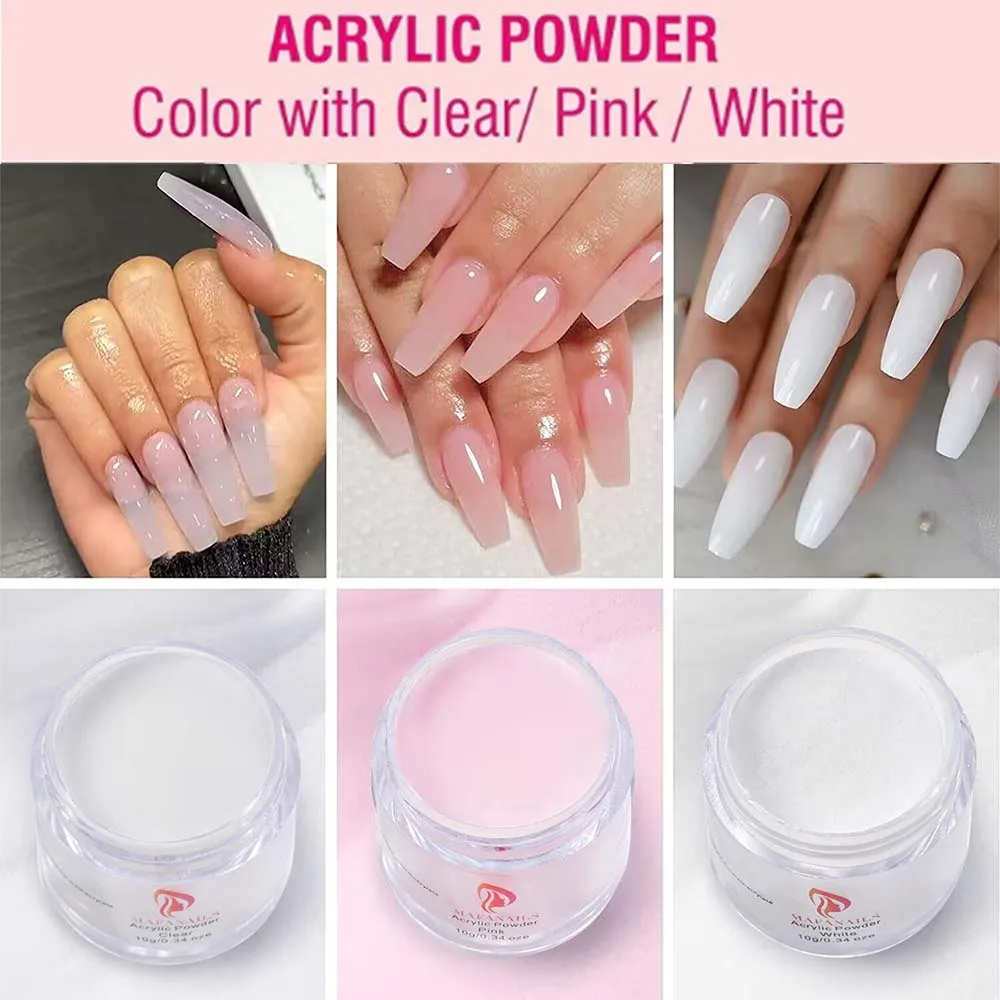 10g/bottle Acrylic Nail Powder For Nails Extension Clear White Pink Flower Carving Builder Manicure Nail Art Decoration Glitter