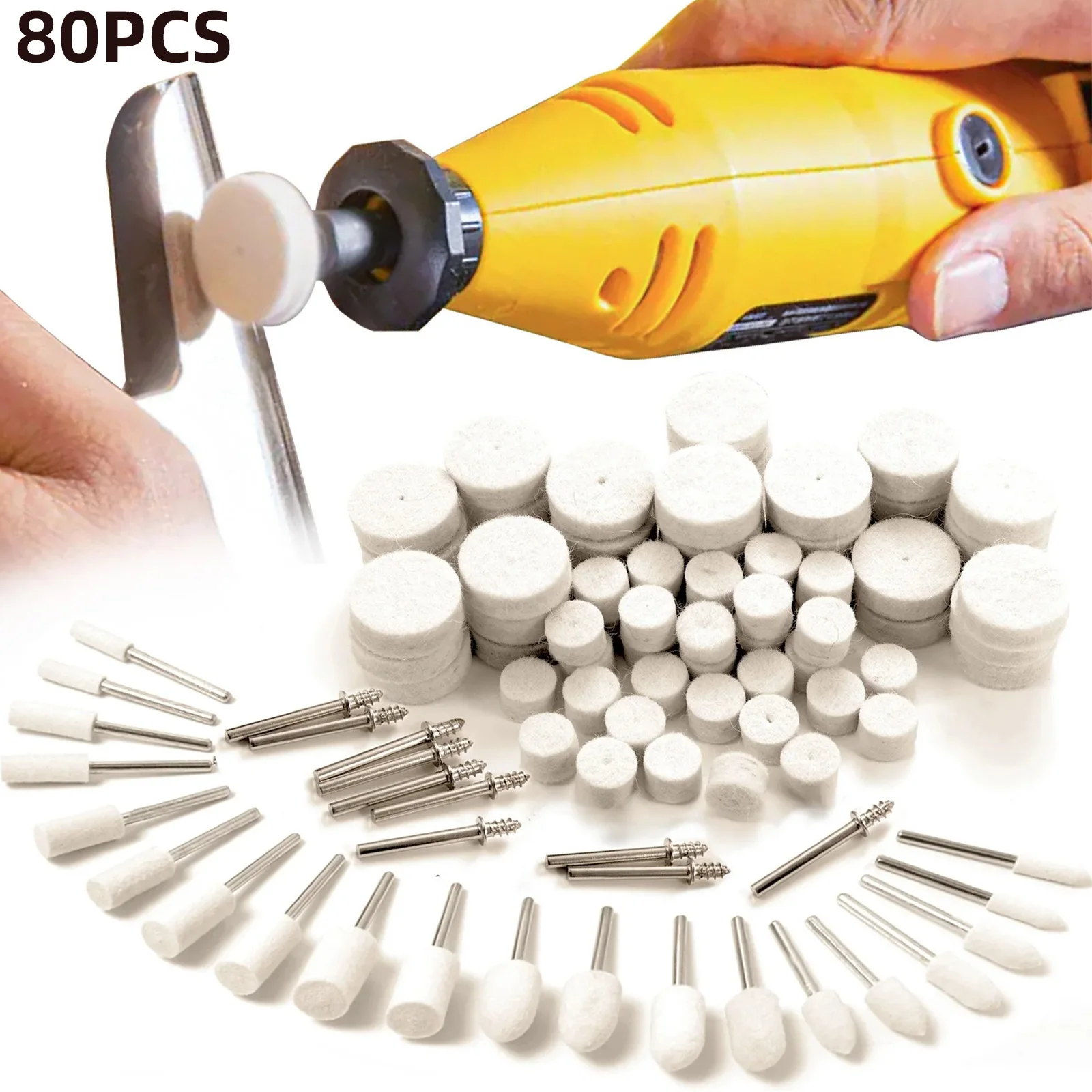 80-teiliges Wollfilz-Polierscheiben-Set mit 1/8'' (3,175mm) Schaft für Rotationswerkzeuge zum Polieren von Metall, Schmuck, Holz, Kunststoff und Harz