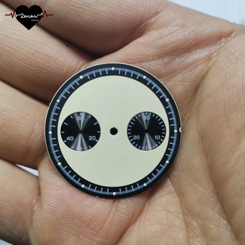 Vintage Matte Black Watch Dial with Luminescent Hour Index Dots and Twin Sub-Dials, 32.5mm