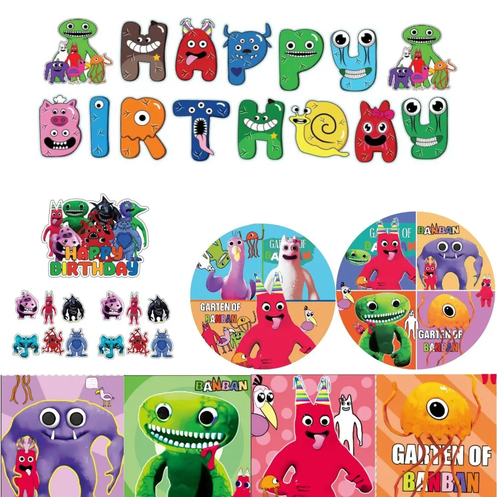 

New Garten of Banban Theme Birthday Party Decoration Flag Hanging Cake Inserting Plates Paper Cup Balloon Set Children's Gifts