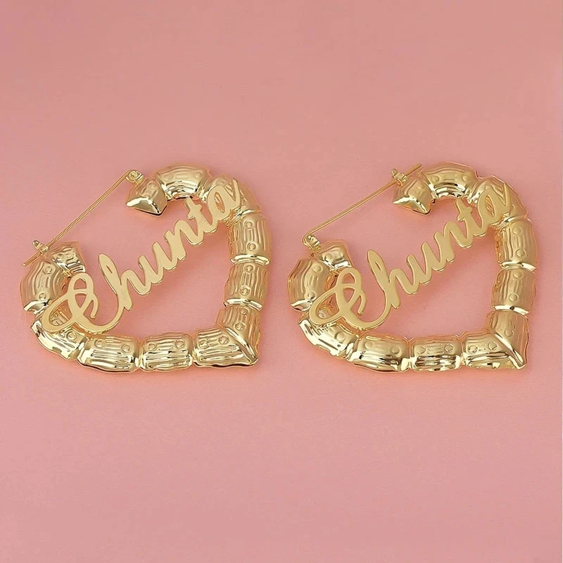 Customized Heart Bamboo Hoop Earrings Stainless Steel Custom Name Earring Heart Shaped Earrings Personality Gifts For Women