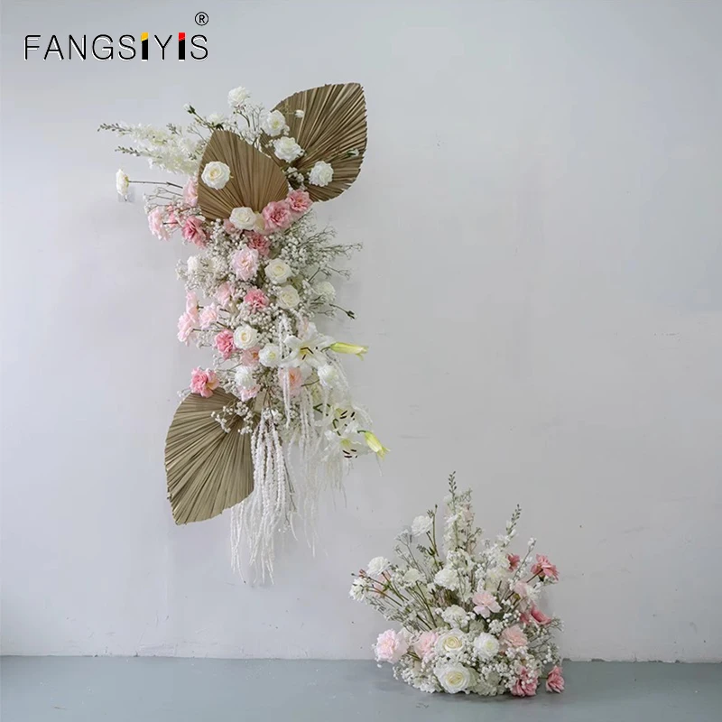 

Luxury babysbreath pink Rose Natural Dried Grass Pu Fan Artificial Flower Row Wedding Deco Hanging Floral Arrangement Party Prop
