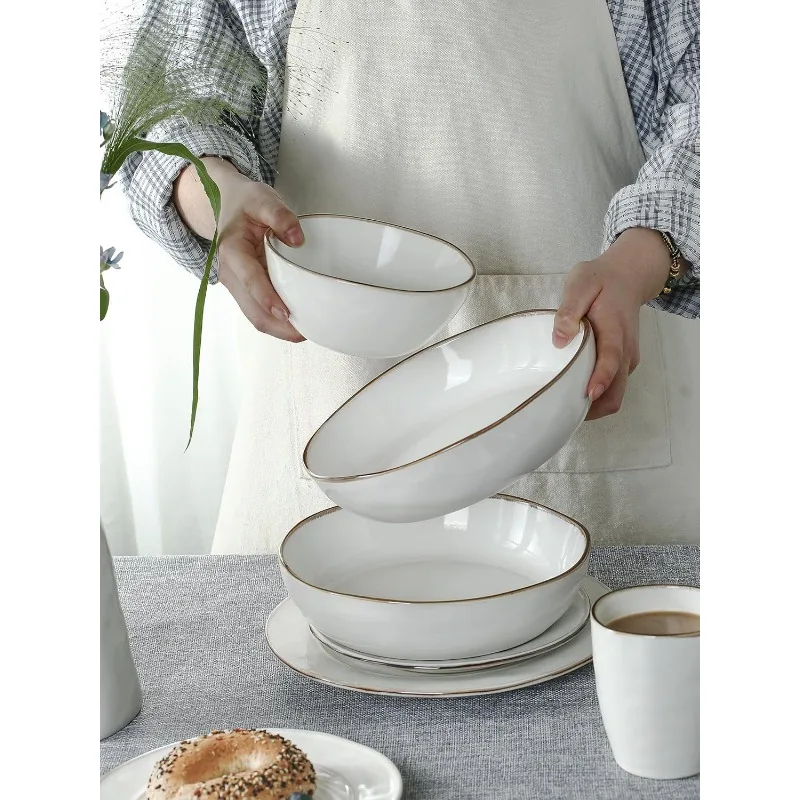 Plates and Bowls Sets, 12 Piece Dinnerware Sets, Dishes Set for 4, Irregular Stoneware Plate Set