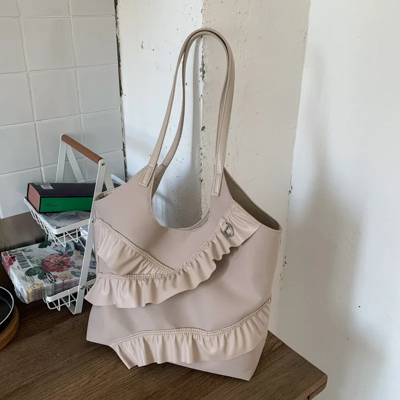 Large Capacity Fashionable Pleated Tote Bag Women's Korean Style Commuter Shoulder Bag Soft Polyester Lining Zipper Closure