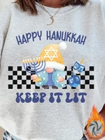 Happy Hanukkah Graphic Print Sweatshirt for Women Casual Crew Neck Long Sleeve Knit Polyester Top with Geometric Pattern 1
