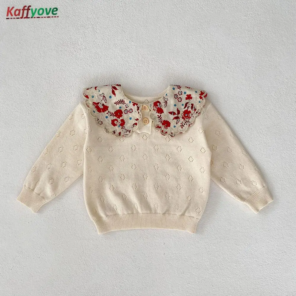2026 가을 프랑스 스타일  여자아이 레이스 칼라 셔츠 니트 풀오버 스웨터 용 긴팔 상의  캐주얼 1-4세 스웨터