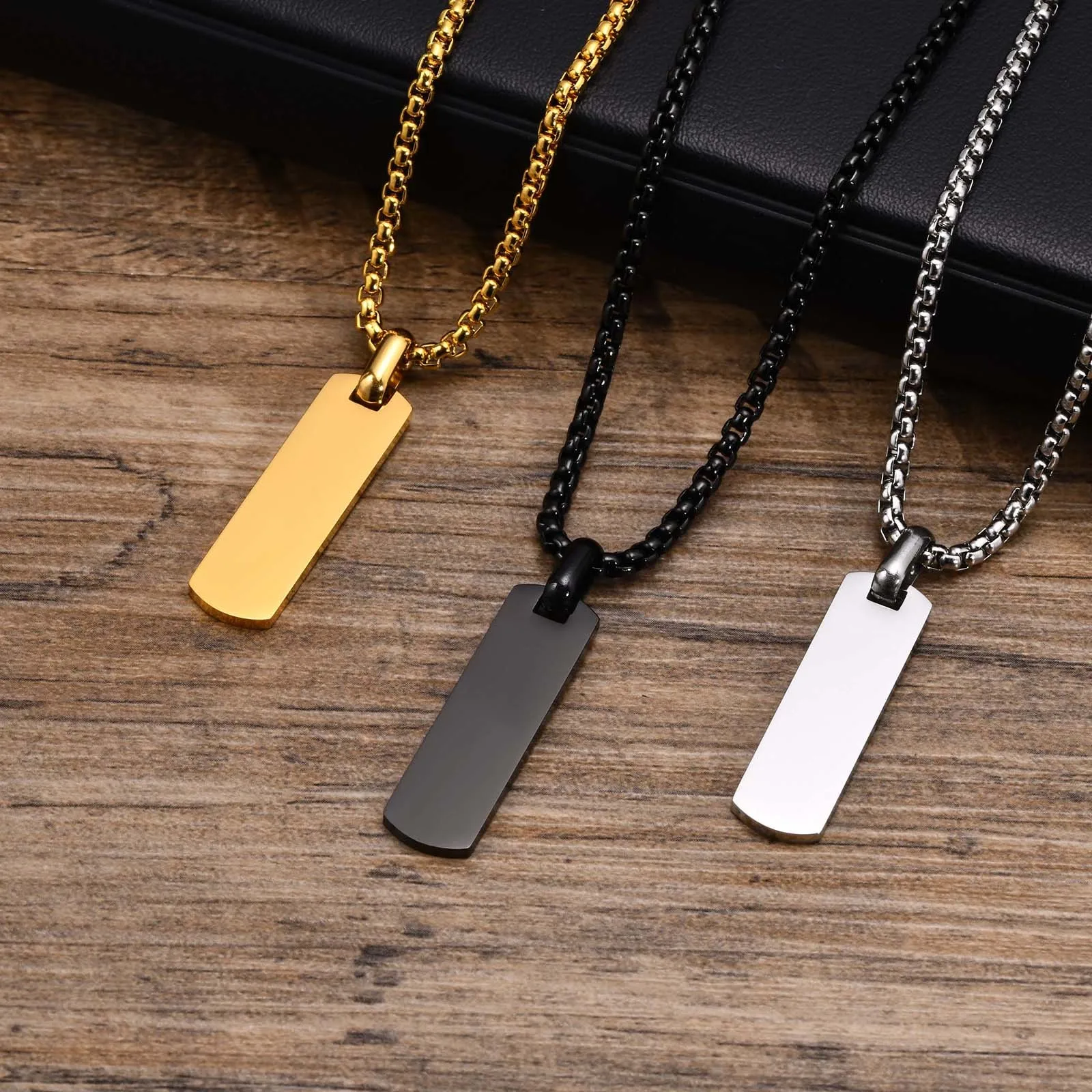 Free Custom Personalized Bar Necklaces for Men Boys, Waterproof Stainless Steel Vertical Geometric Pendant with Box Chain