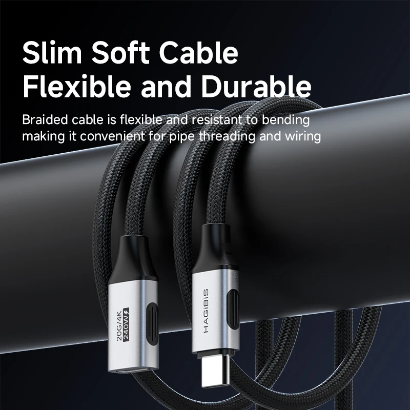 하기비스 USB C 연장 케이블 USB 타입 C 남성-여성 연장 코드 20Gbps 240W 고속 충전 아이폰 17 16 15 픽셀 아이패드용
