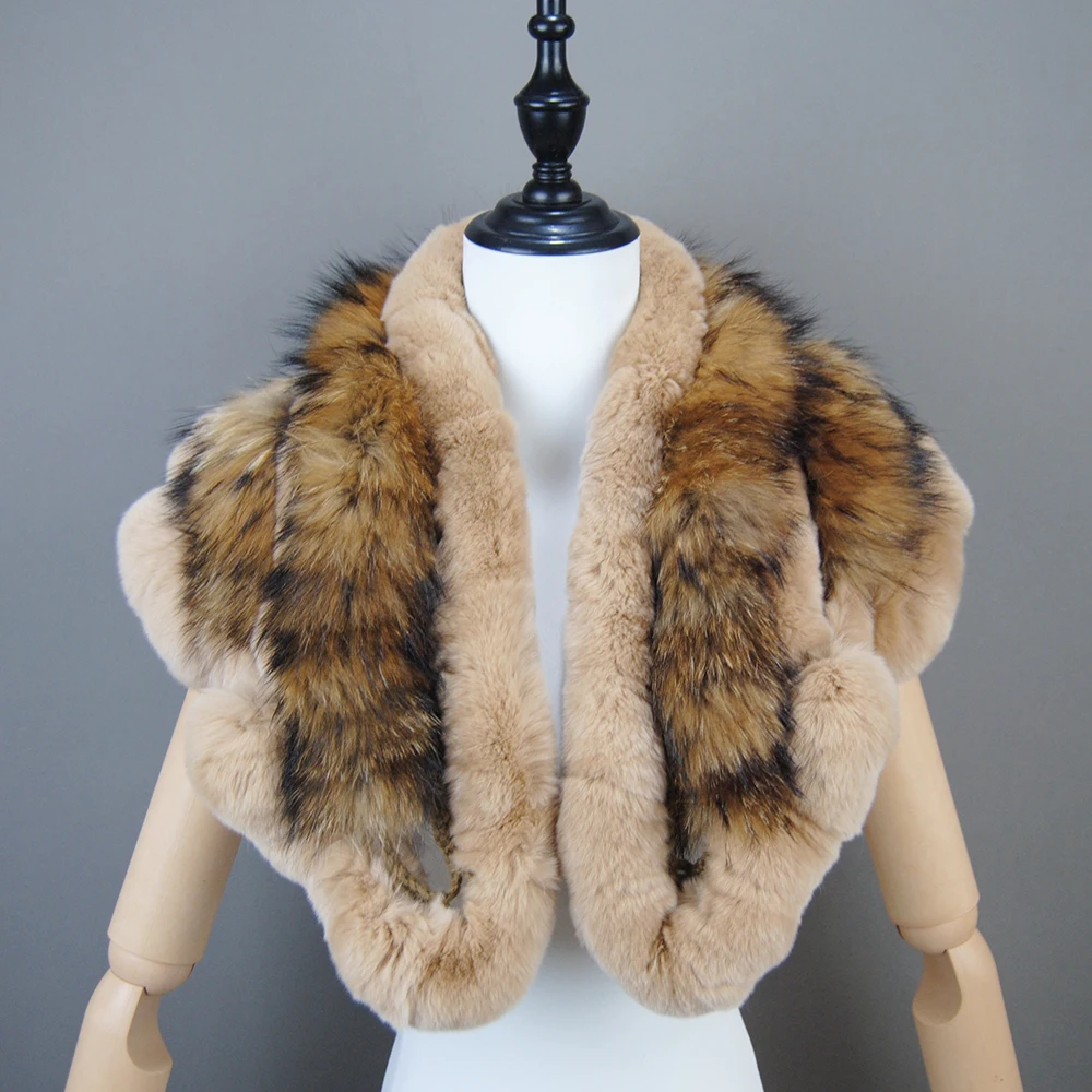 Genuine Rex Rabbit Fur Scarf With Fox Fur Women Winter Warm Scarves Trendy Elegant Natural Rex Rabbit Ring Scarves Female