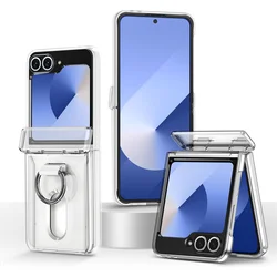 Luxury Wallet Clip Flip Slot Card Case with Finger Ring and Shockproof PC Back Cover for Galaxy Z Flip5 (Clear)