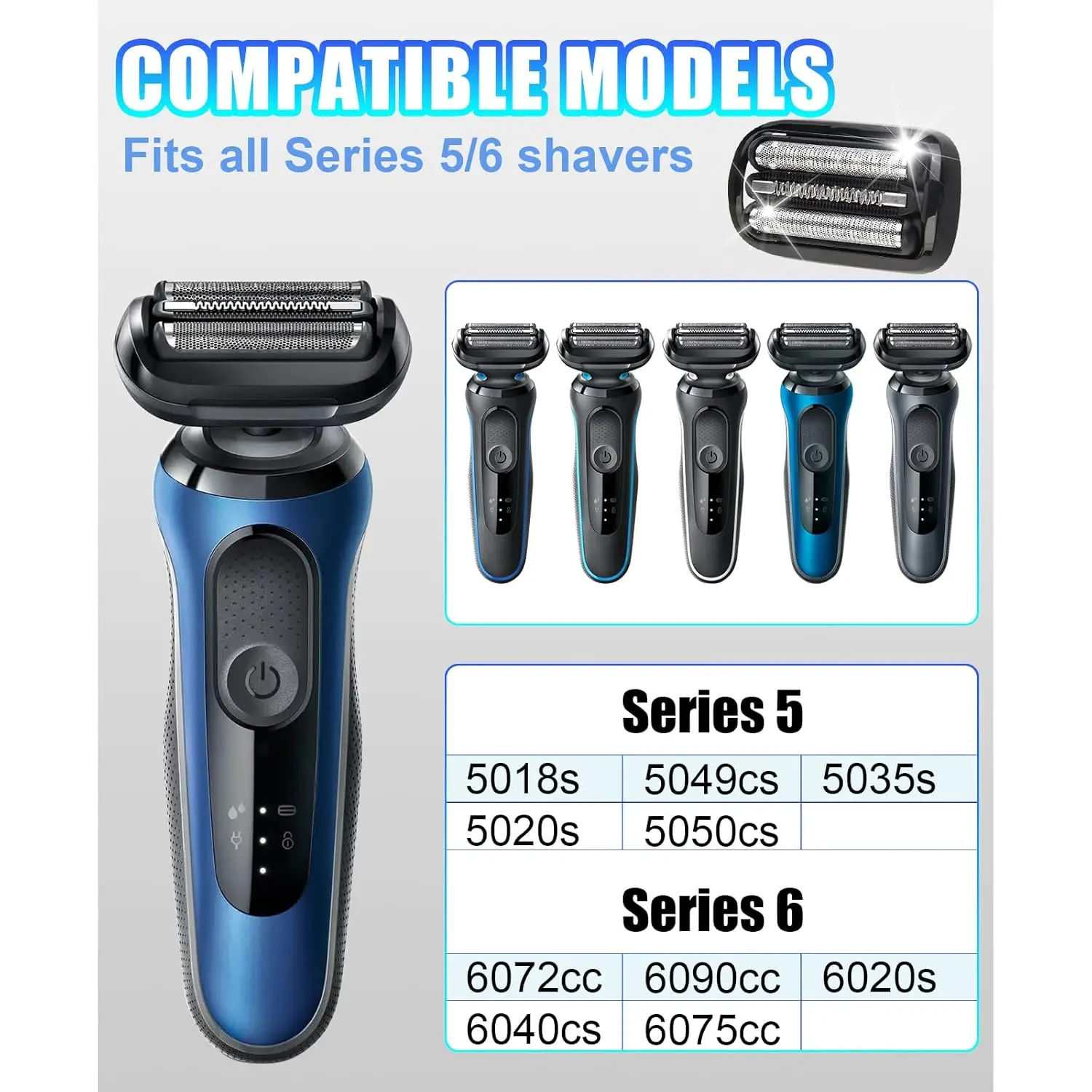 Electric Shaver Head Electric Shaver Blades 53B Foil Head for Braun Series 5 & 6 Electric Shaver 5018s 5020s 5031s 5050cs 6020s 6072cc 6075cc 6072cc 6090cc 5035s