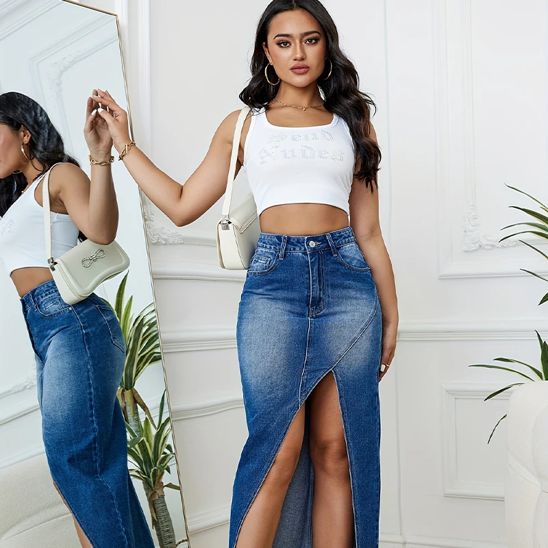 New personalized blue split mid length denim group casual trend women's skirt pants