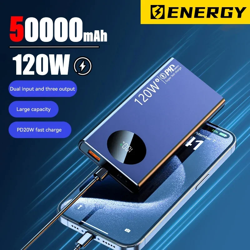120W Ricarica Super Veloce 50000Mah Power Bank Sottile E Leggera Con Orologio Power Bank A Lunga Durata Freeshipping Per Iphone Xiaomi