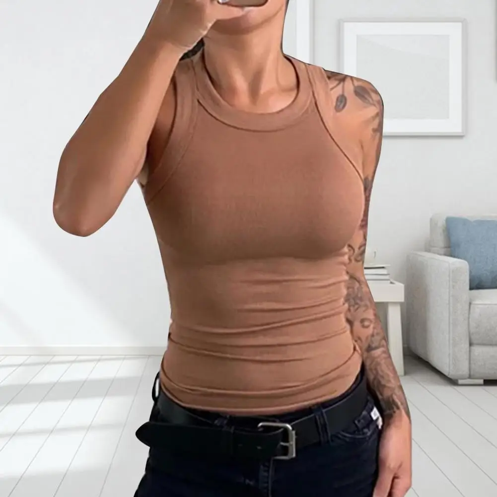 

Stretchy Women Top Ribbed Slim Fit Tank Tops for Women O-neck Vest Streetwear Solid Color Bottoming Wear Tops Round Neck Top