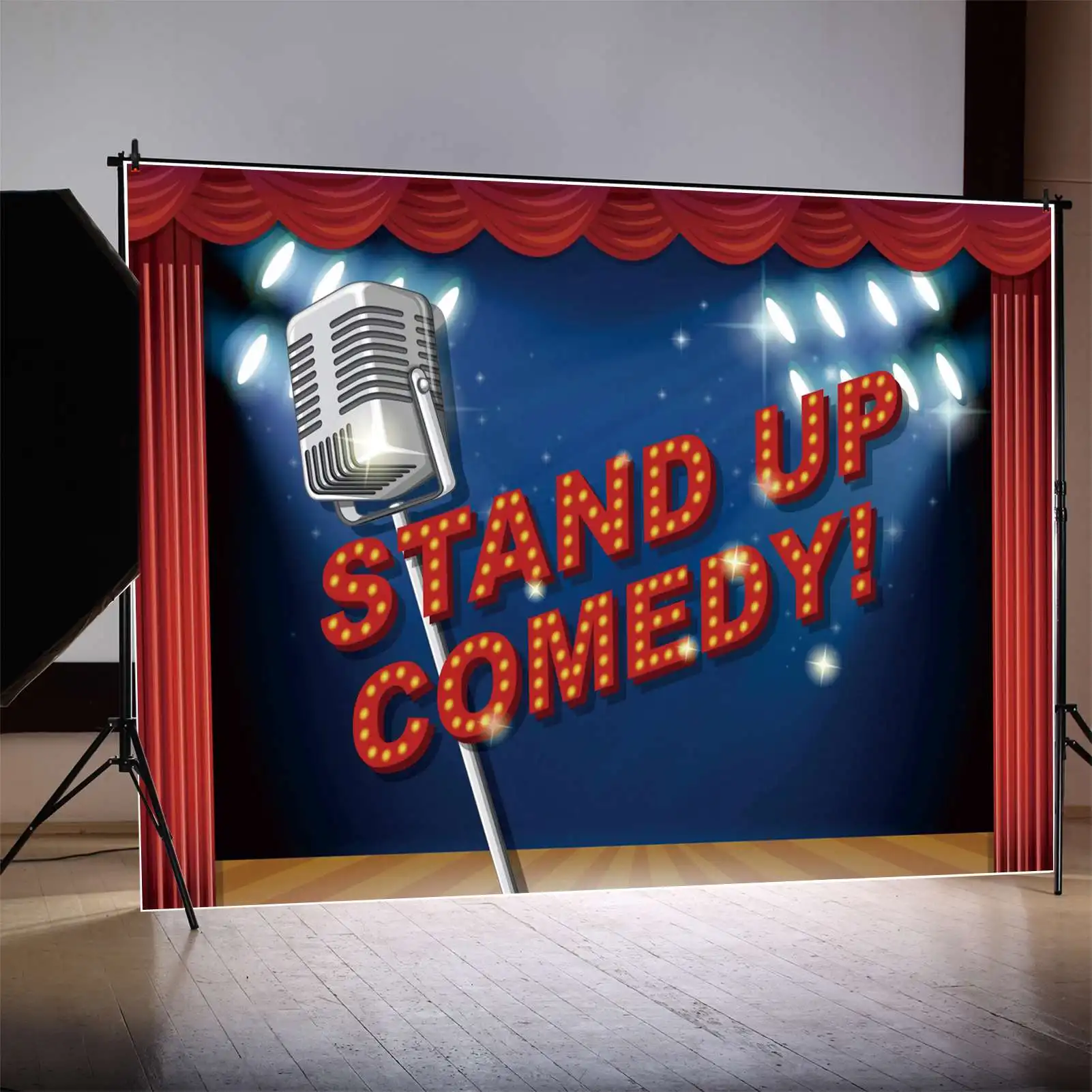Moon.Qg Fondale Comedy Direct Broadcasting Room Teletorium Tv Video Wall Background Kids Red Curtain Home Studio Photo Booth