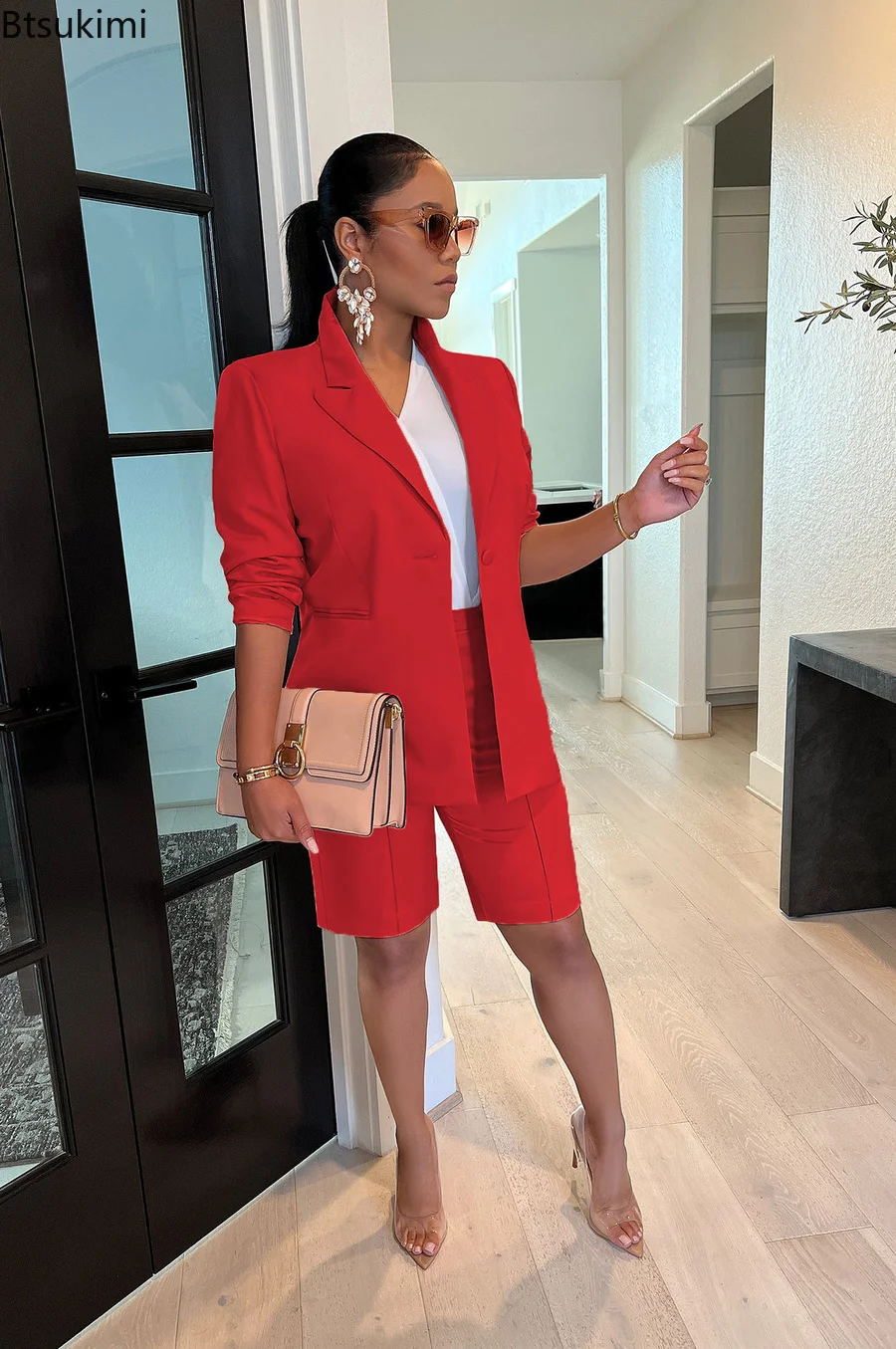 2023 Two Piece Sets Women Long Sleeve Blazer Jacket Top and Shorts Set  Elegant OL Office Ladies Matching Set Blazer Suit Sets