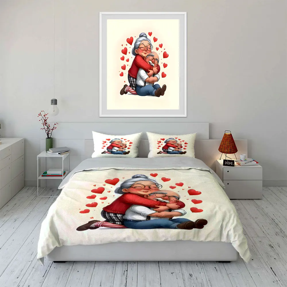 Cute Cartoon Elderly Couple Hug Red Heart Bedding Set,Sweet Old Grandma Grandpa Love Print 1 Duvet Cover + 2 Pillowcase, gift 6