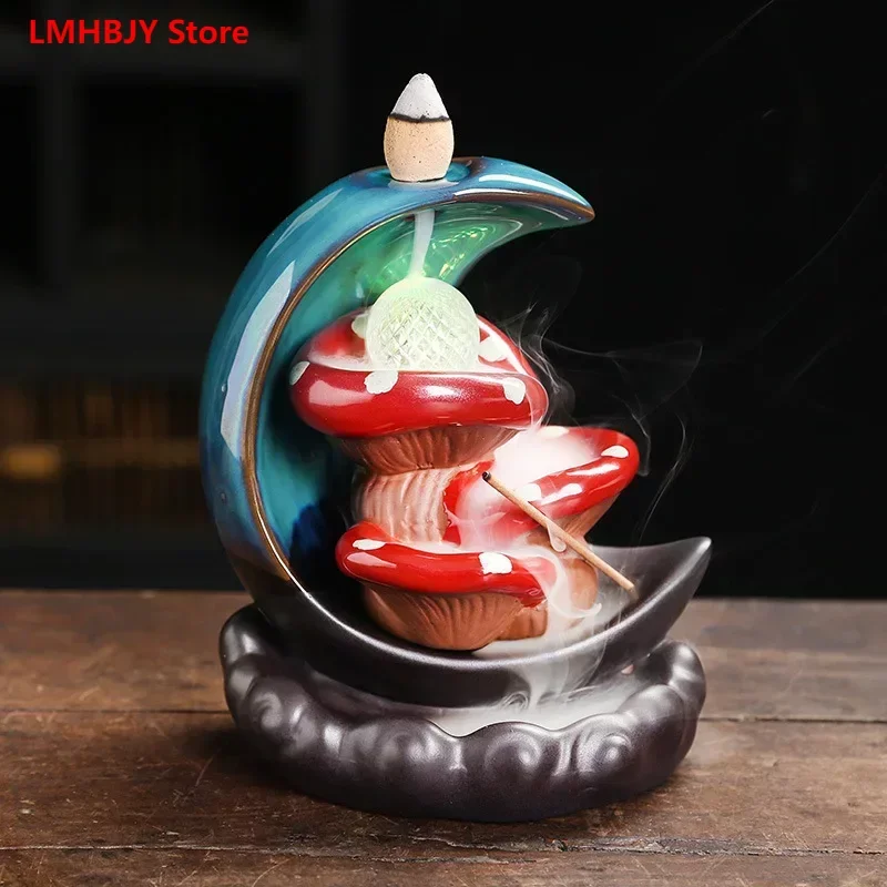 

LMHBJY Ceramic Crafts Incense Burner Creative Moon Mushroom LED Lamp Backflow Incense Burner Home Decoration