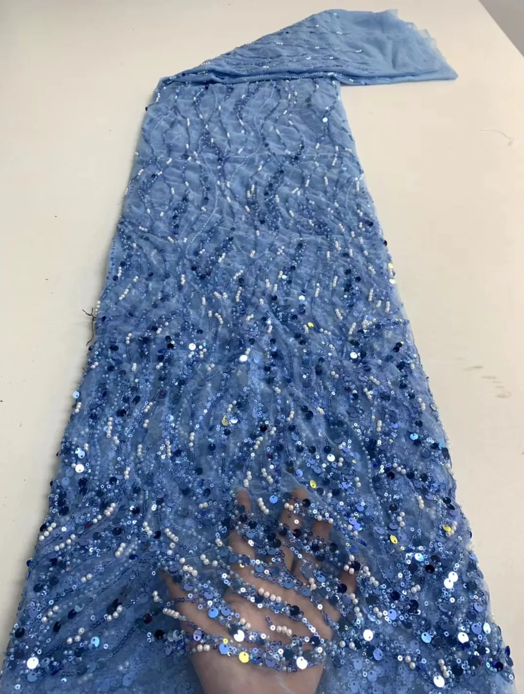 Latest Luxury Sequins Tulle Lace African Handmade Beaded Lace French 2022 High Quality Fabric Nigeria Bride Wedding Dress Sew 