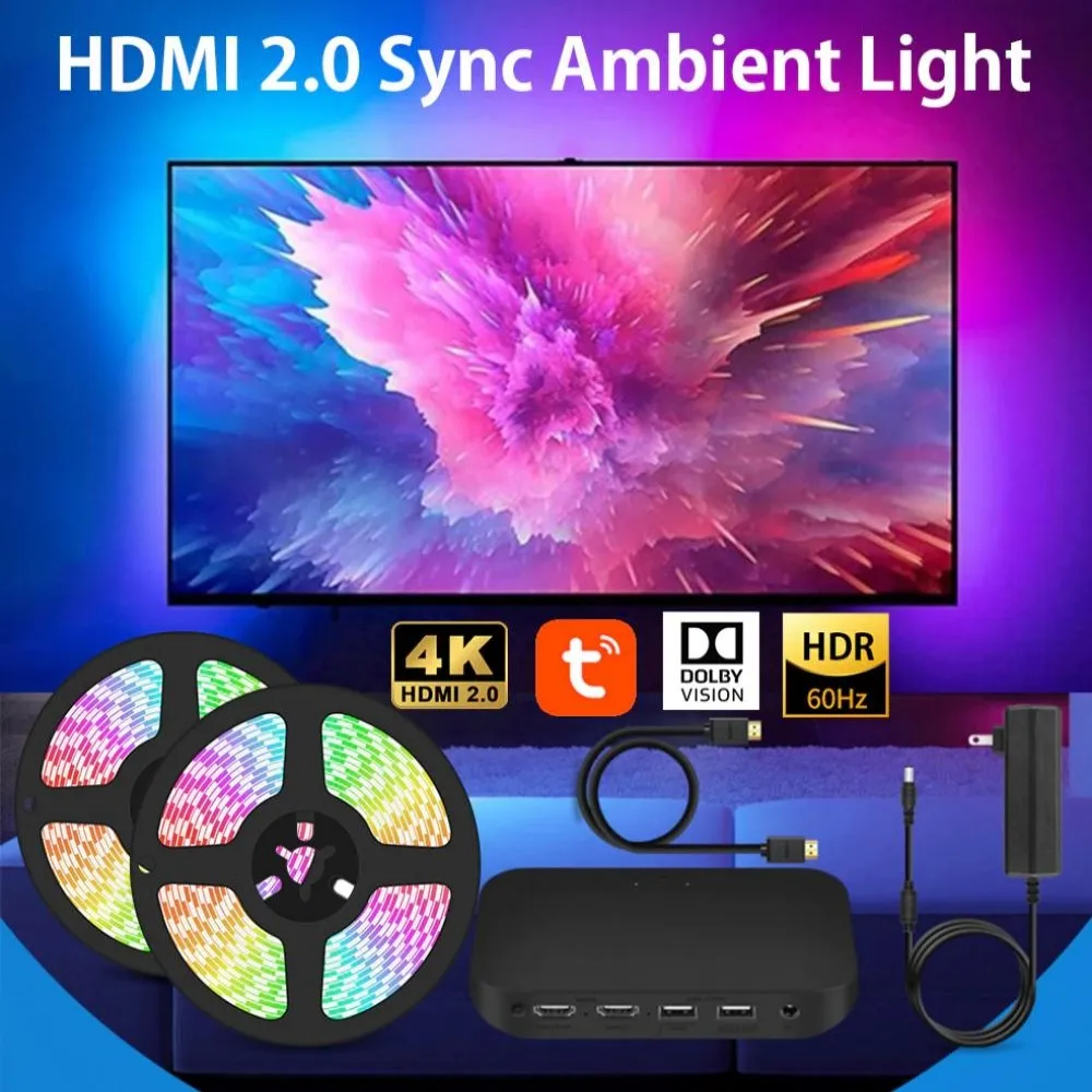 Smart Ambient TV LED Backlight For 4K HDMI 2.0 Device Sync Box Led Strip Lights Kits Wifi Google Assistant Alexa Voice Control
