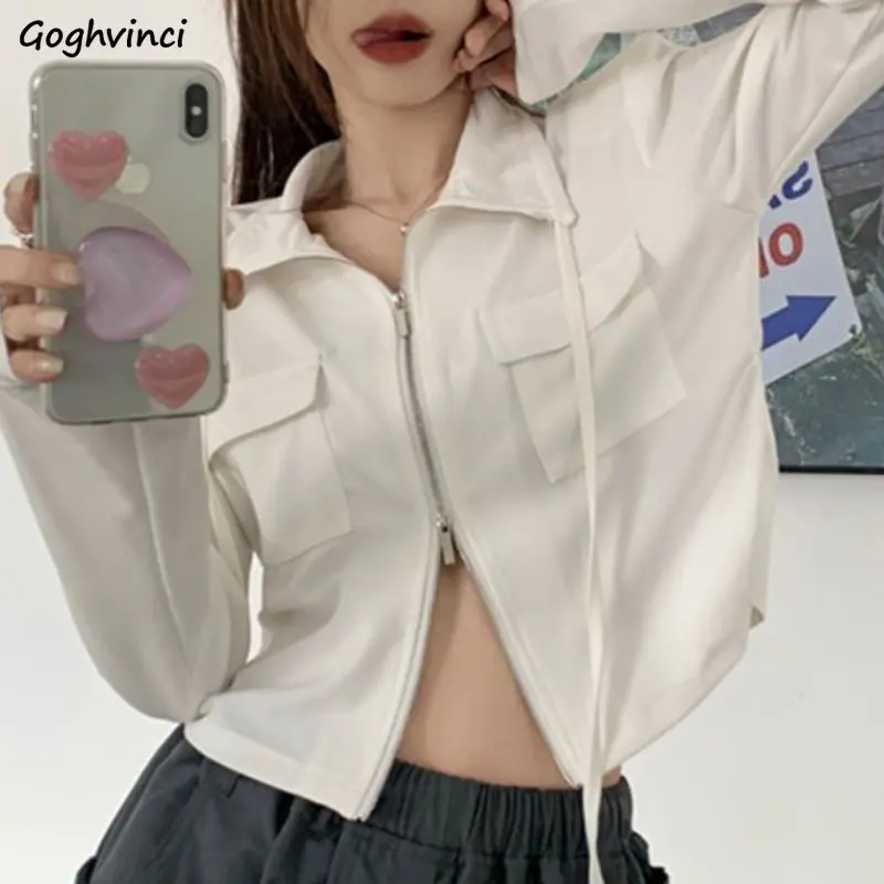 

Sweatshirts Women Draw String Solid Sexy Long Sleeve Daily Turn-down Collar Korean Style Slim Females Spring Trendy All-match