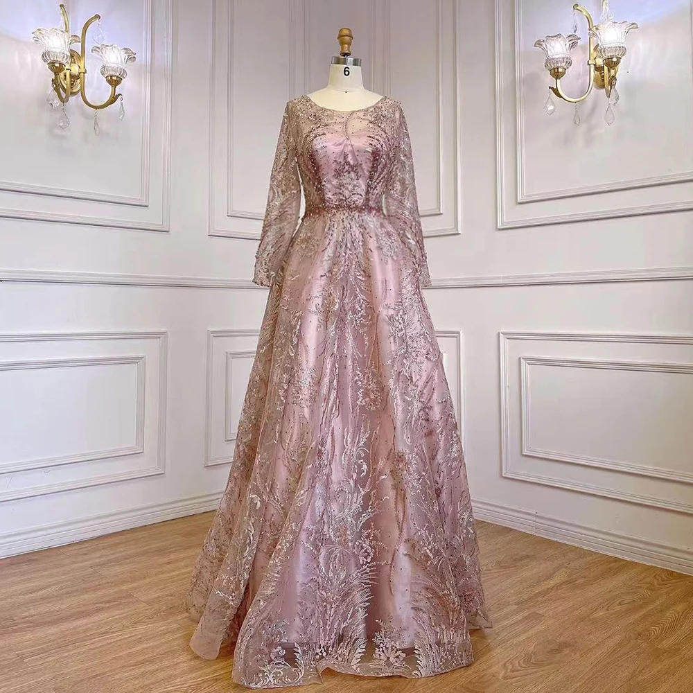 Serene Hill Muslim A Line Pink Luxury Evening Dresses Gowns Lace Beaded