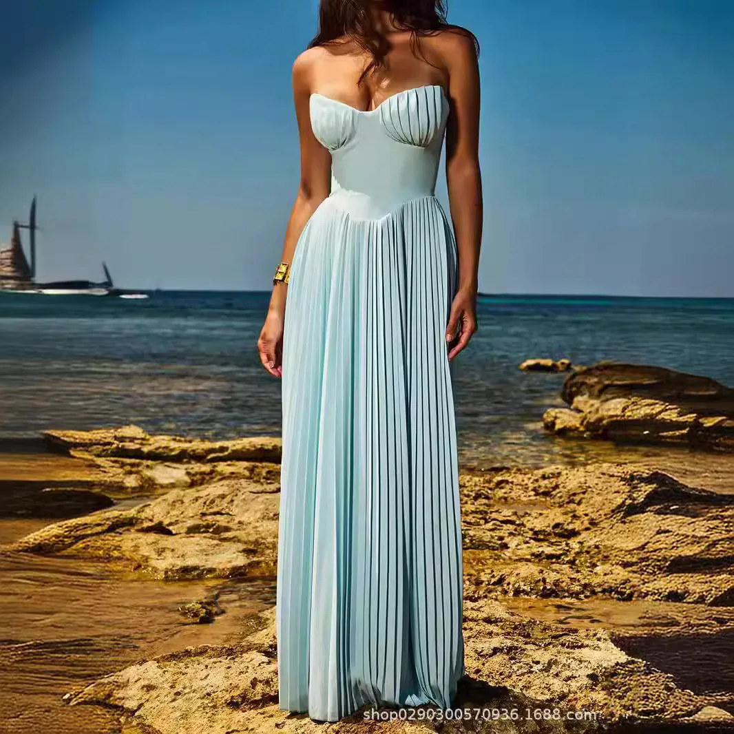 chinese dress ladies Multi Color Pleated Maxi Dress With Open Back