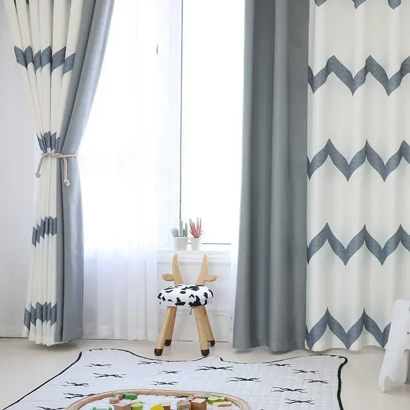 Modern Simple White Blackout Curtain Grey Stripe Full Shading Drapes For Bedroom Living Dining Room 210712
