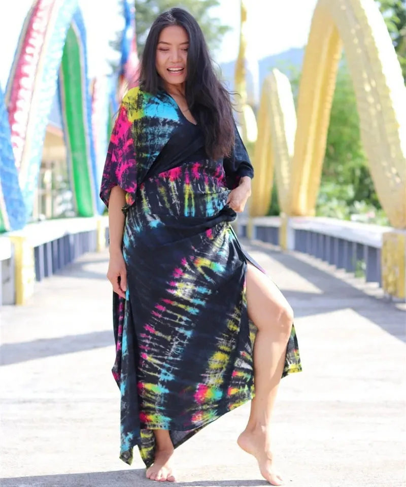 Fashion Casual Striped Print Long Dresses Women Bohemian V-neck Bat Sleeve Loose Slit Beach Dress Summer New Beachwear Vestidos 56 Fashion Casual Striped Print Long Dresses Women Bohemian V-neck Bat Sleeve Loose Slit Beach Dress Summer New Beachwear Vestidos