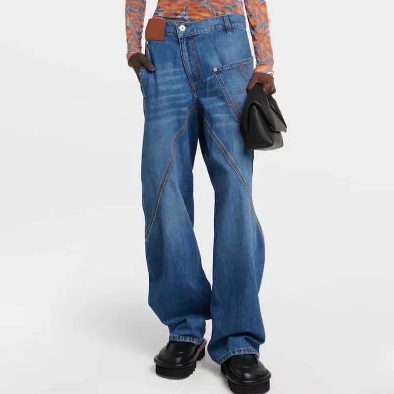 

Runway Vintage Pure Cotton Irregular Jeans Women 23 Early Autumn Fashion New All Match Pocket Button Denim Pants High Street New
