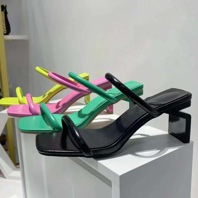 Fashion Brand Sandals Women 2022 Summer New Square Open Toe Slip on Mid Heels Women Pumps Thick Heels Party Slippers Female