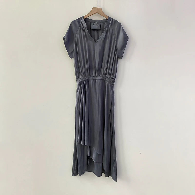 

Zadig Slim Long Dress Women Casual Summer Rayon Short Sleeve Robes Female Chic V-Neck Elasticat Waist Solid Color Fashion Dress