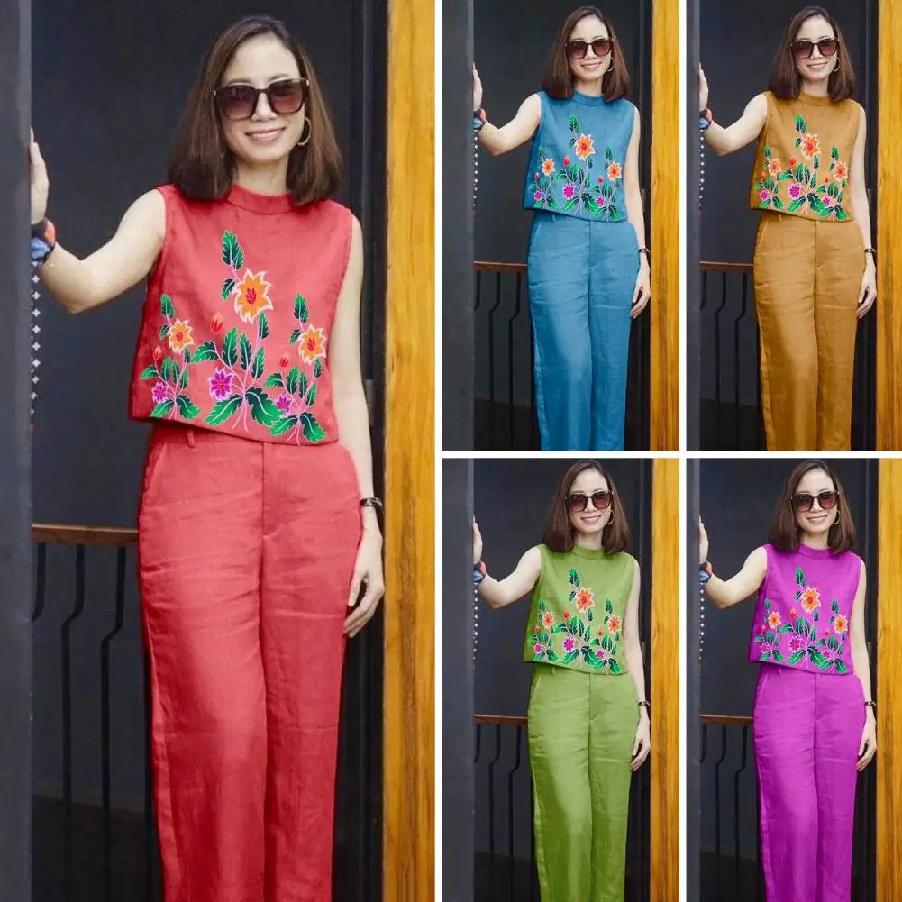 

2 Pcs/Set Chic Pullover Summer T-shirt Pants Set Flower Printing Plus Size Lady Vest Pants Suit Match Shoes