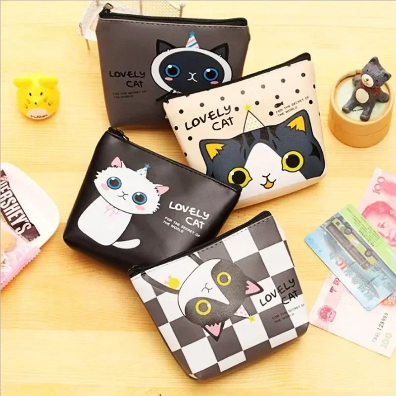 Cartoon Cat PU Leather Coin Bag Pure Zipper Cartoon Cute Cat Coin Key Bag Money Pocket Women Men Purse Small Wallet Kid