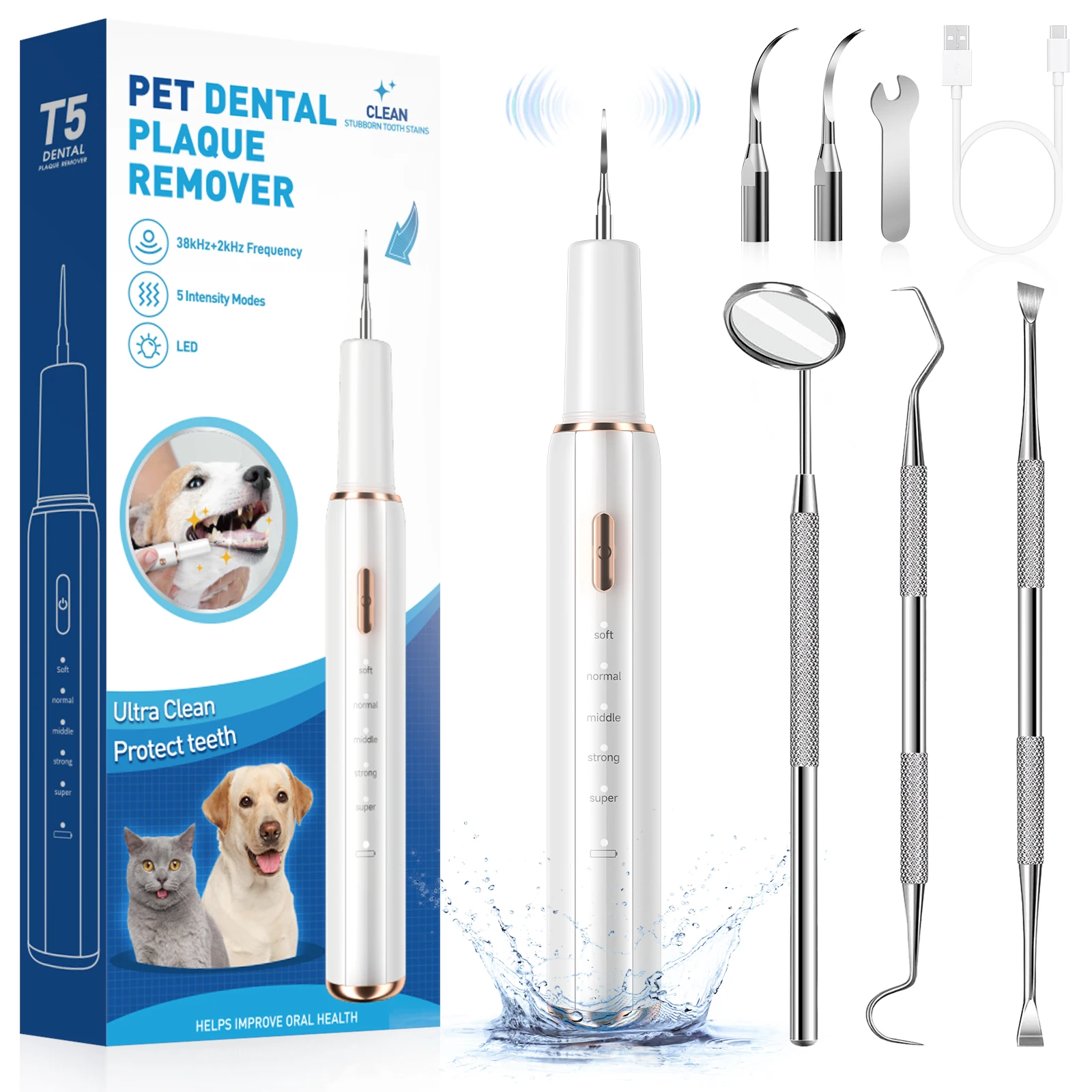 CURVY MOON T5 Pet Teeth Ultrasonic Dental Tartar Cleaning Kit Dog Cat Ultrasonic Canine Plaque Remover Teeth Sonic Cleaner