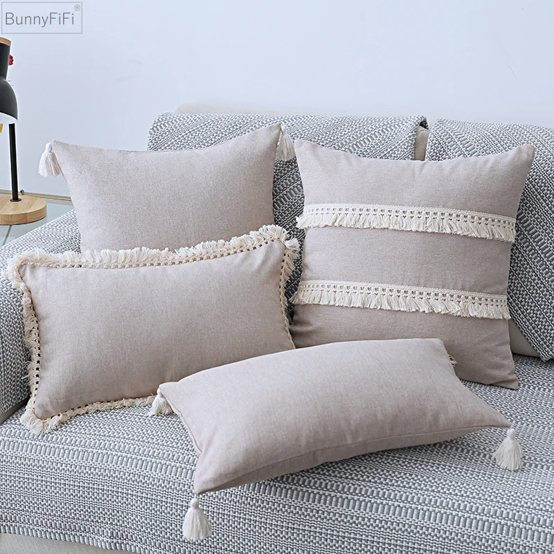 

30x50cm/45x45cm Grey Cover Linen Pillow Cover Beige Cushion Blue Cotton Yellow Boho Style Tassles for Sofa BedHome Decorative