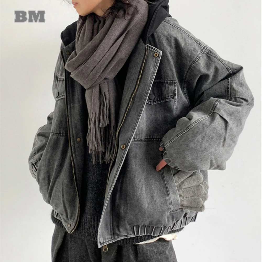 

Winter Korean Hip Hop Padded Denim Jacket For Men Women Streetwear Oversize Hooded Coat Harajuku Casual Padding Trendy Parkas